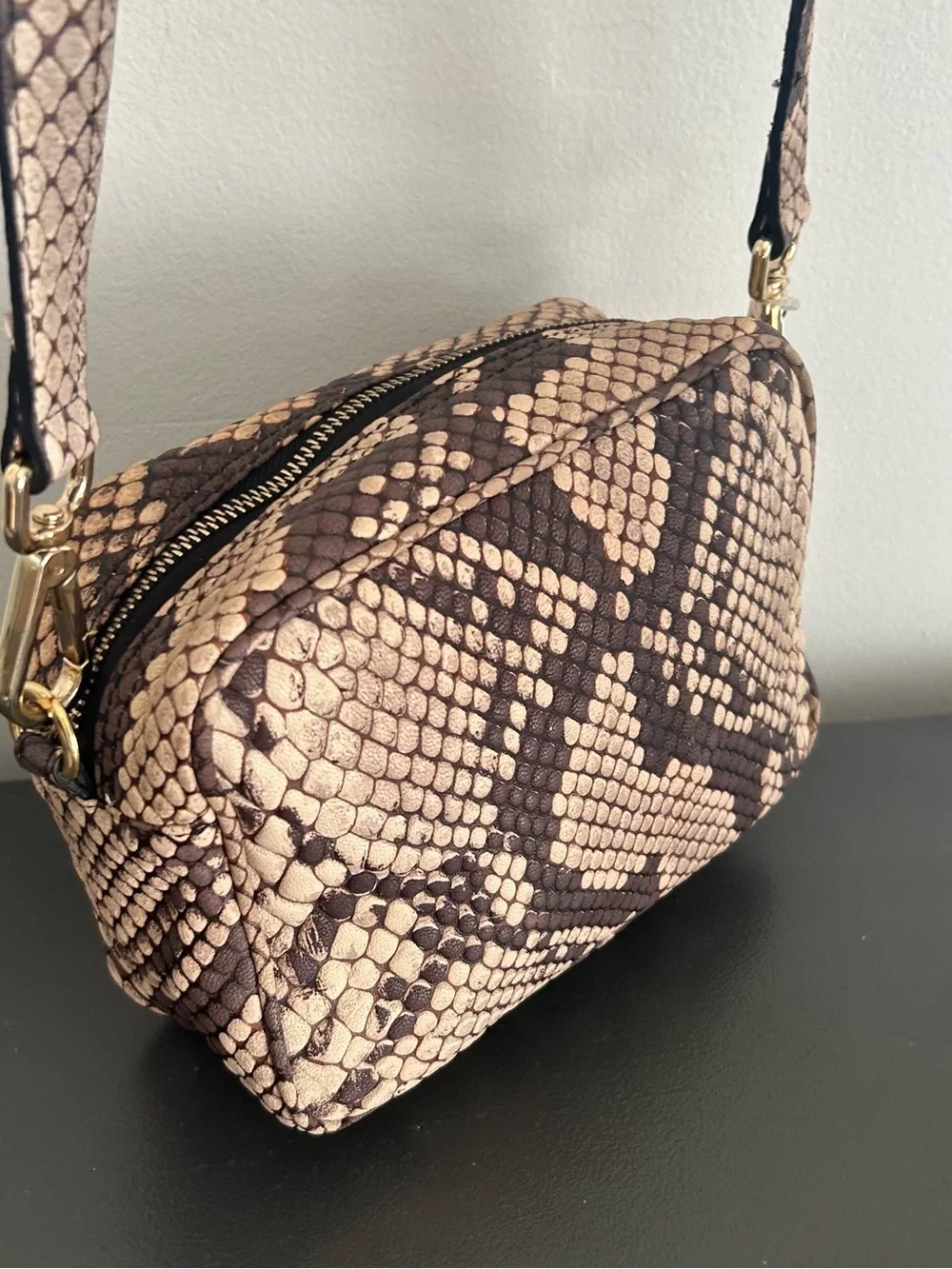 INNUE Made in Italy Leather Python Snake Print Crossbody Camera Bag